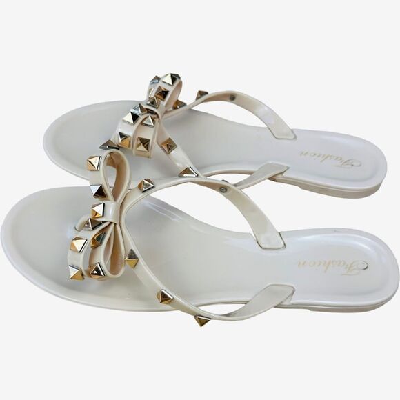 🔥 Beige Nude Gold Studded Bow Jelly Slip On Flip Flop Sandals - Picture 4 of 9